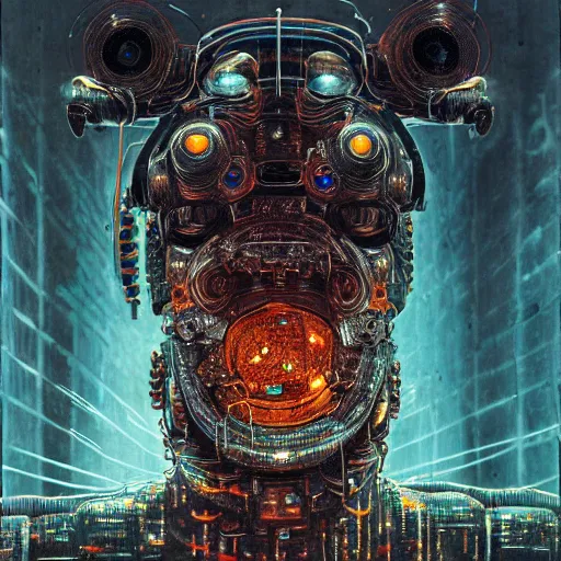 Image similar to robot cyborg hyena, many eyes, exposed wiring, glowing lights, highly detailed beksinski art, cyberpunk
