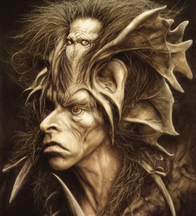 Image similar to hyper realistic portrait of goblin, cinematic, symmetric, dark crystal, alan lee, jean baptiste monge, brian froud scott radke