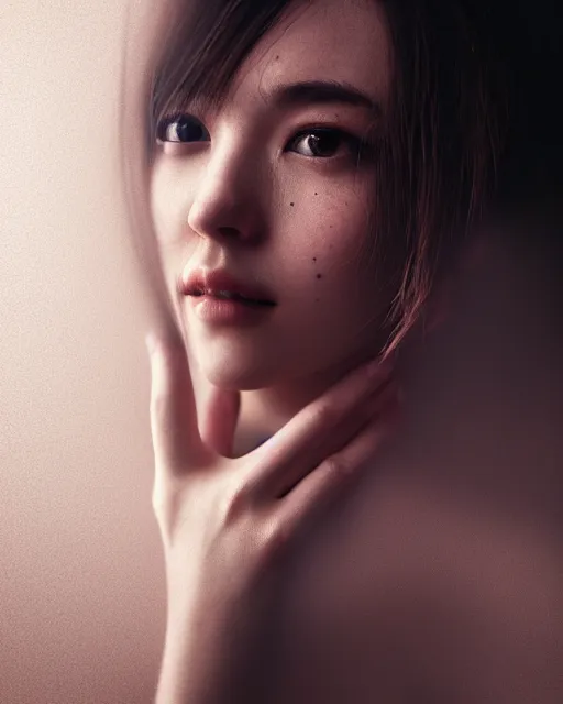 Image similar to photo half body portrait of woman in her 2 0 s, realism, extreme detail, real life skin, key art, soft light, volumetric light, 3 - d shadows, photo by ross tran, photoshoot