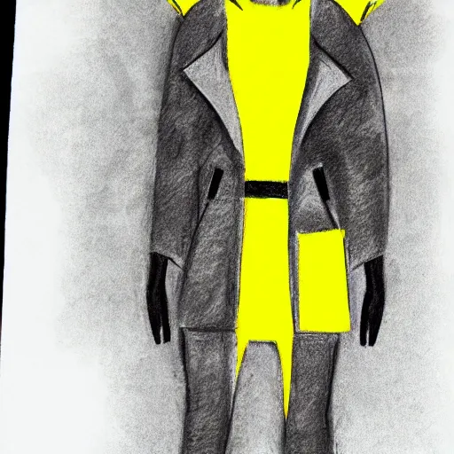 Image similar to a full-body sketch of an anthro mexican gray wolf face wearing a yellow raincoat from Dark (Netflix series)