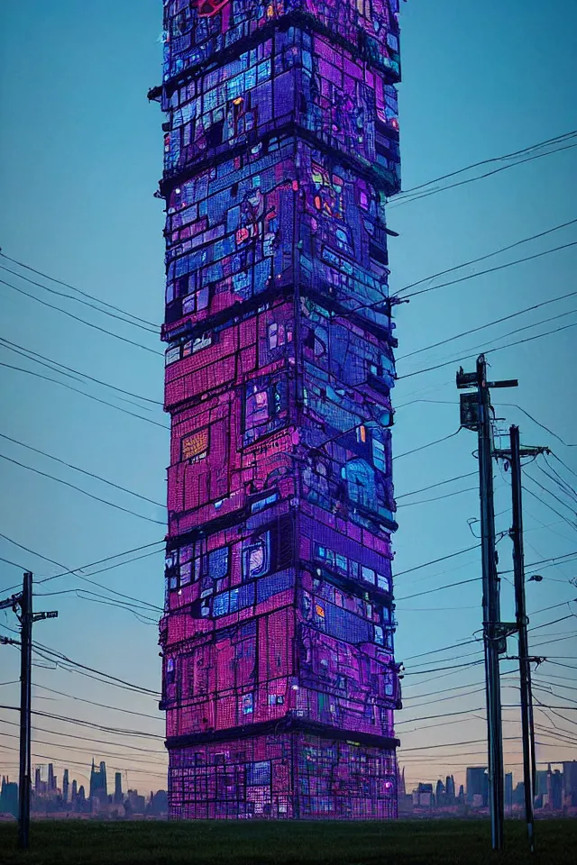 Image similar to cyberpunk tower made out of billions of stacked computer screens by simon stalenhag and dan mumford