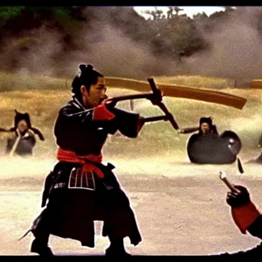 Prompt: a samurai fighting with delicious hot dogs as weapons, scene from Kagemusha, 1980, movie still, cinematic, epic,