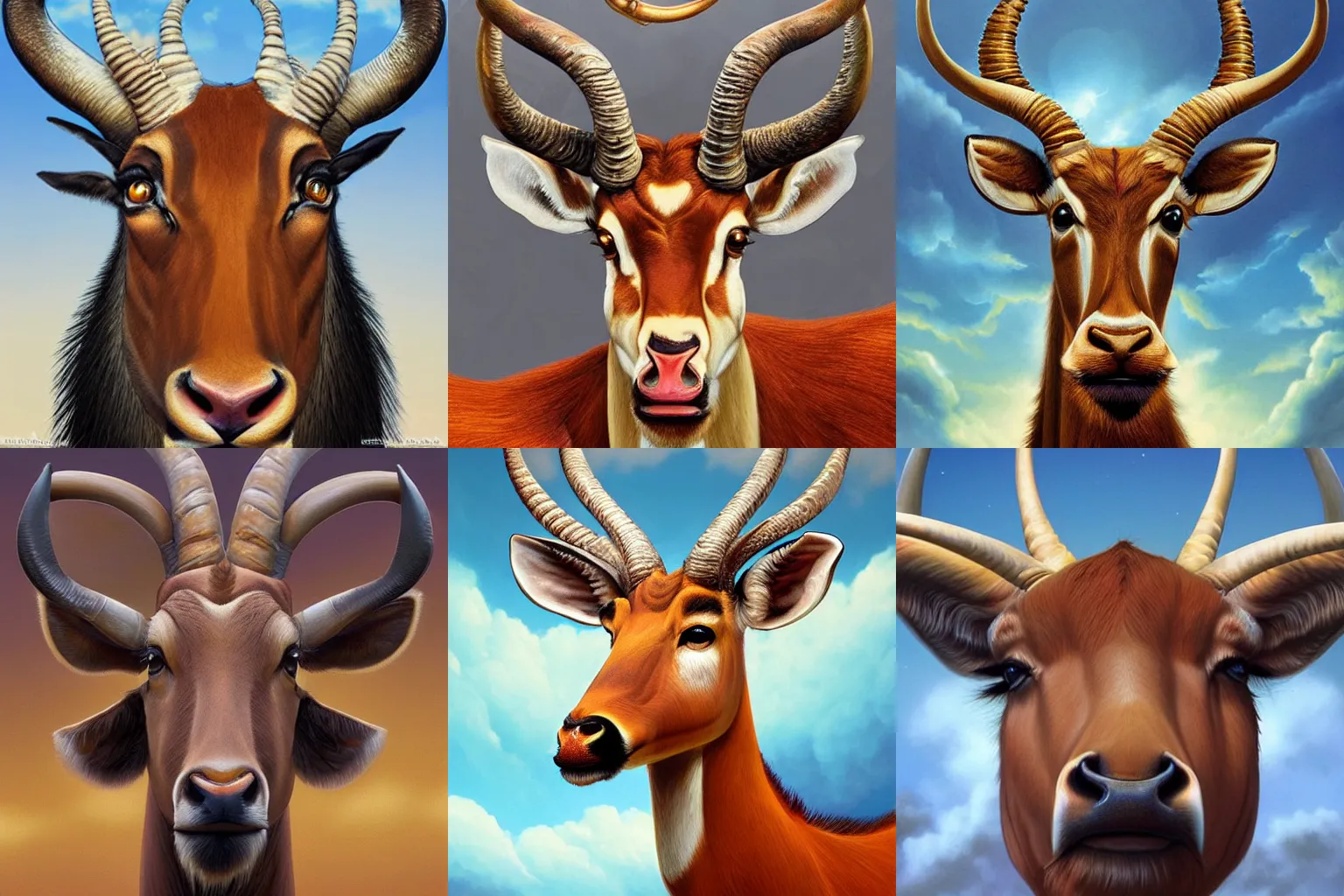 Prompt: closeup upper body artwork of an eland nyala antelope with croissant horns, perfectly symmetrical head, anime key visual, incredibly detailed, D&D, finished concept art, digital art by Vladimir Kush, trending on Artstation