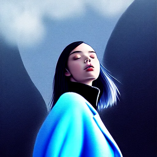 Prompt: giant droplets of water floating around a flying girl with wings, sky blue straight hair, low - angle shot from behind, blue coat, fur scarf, ultra fine detail, dark theme, digital painting, psychedelic, film still, cinematic, wlop, ilya kuvshinov, ross tran