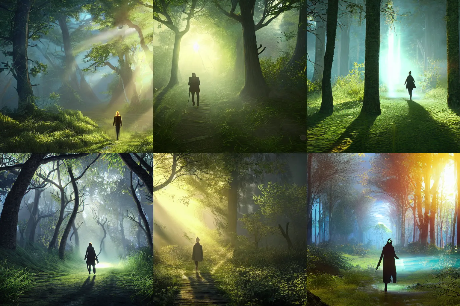 Prompt: a highly detailed 4k illustration of an mage walking alone on a forest path with illuminating rays of light passing through branches, unreal engine, fantasy