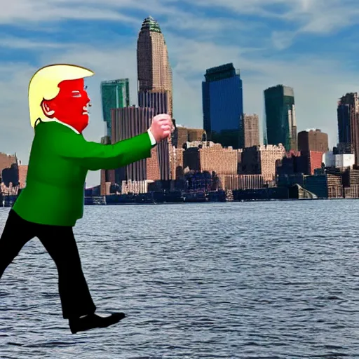 Image similar to donald trump tossing a small leprechaun in to the hudson river, hyper realistic, wide shot, photography, award winning, 8 k,