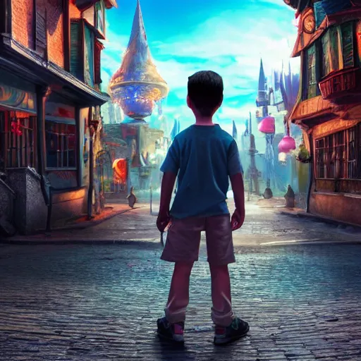 Image similar to the back of a boy standing in the streets of a fantastical fantasy city, extremely detailed and photorealistic, 8k