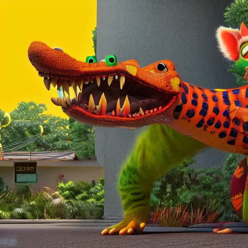 Image similar to 3 d render, anthropomorphic alligator, red scales on his back, yellow scale on his belly and chest, male, waring a hawaiian shirt, in the style of zootopia, hd, 4 k, high definition background