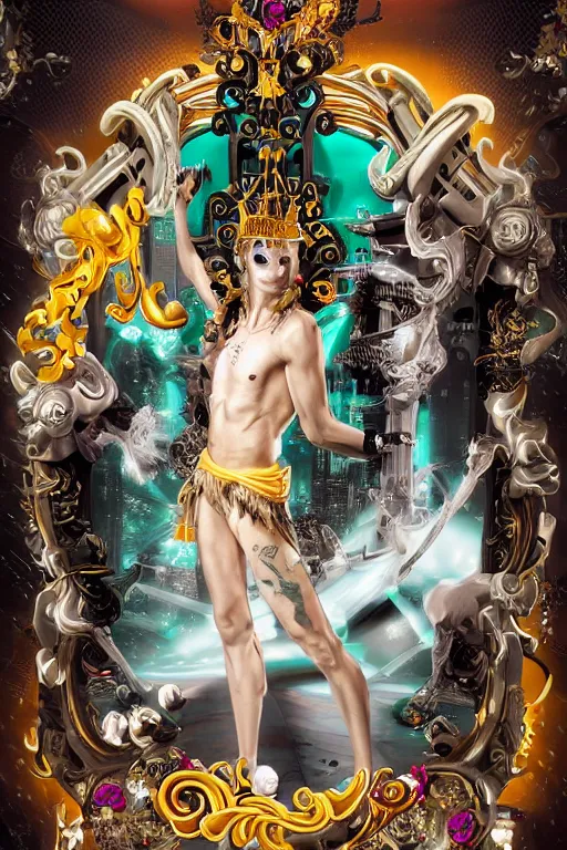 Image similar to full-body rococo and cyberpunk style neon statue of a young attractive (slender muscular Portugues macho bem dotado) e rico android ((sim roupa)) reclining (con pernas aberta e piroca dura) leite, glowing (((white laser))) eyes, prince crown of black skulls, ruby, swirling gold-colored silk fabric. futuristic elements. full-length view. space robots. human skulls. intricate artwork by caravaggio. Trending on artstation, octane render, cinematic lighting from the right, hyper realism, octane render, 8k, depth of field, 3D