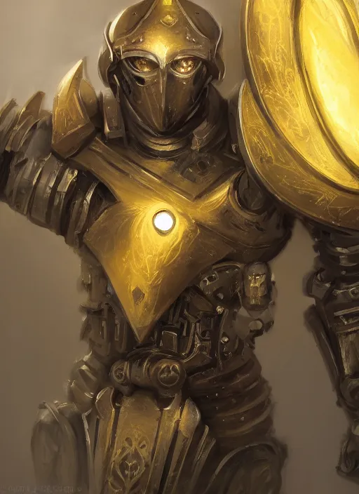 Image similar to dynamic attack position abstract portrait of a intricate glorious holy mechanical warforged character in yellow armor holding a paladin engraved great longsword drawn and carrying a big paladin shield, pancake shaped head, glowing!!!! eye, face in focus, epic , trending on ArtStation, masterpiece, cinematic lighting, by Ross Tran and by Greg Rutkowski