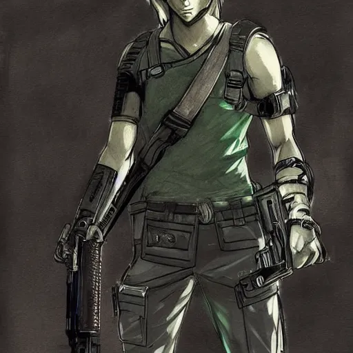 Image similar to link from zelda wearing a resident evil suit with gun by yoji shinkawa, concept art