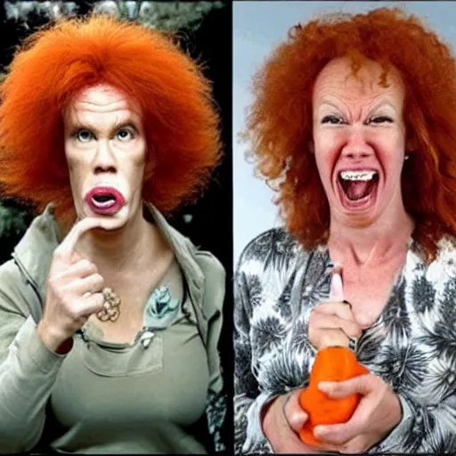 Prompt: holy cow that lady has two mouths and looks like carrot top