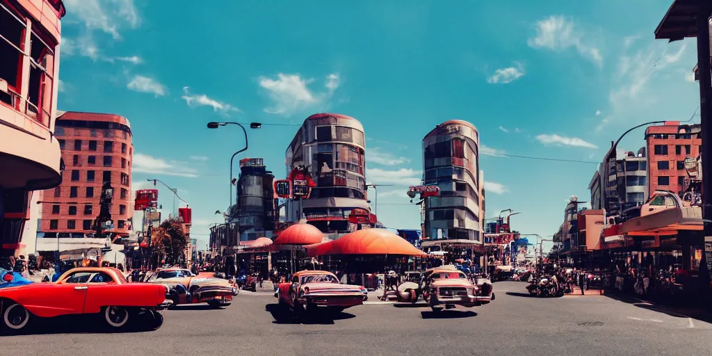 Image similar to low angle wide shot, street scene, retro futuristic vintage shiny polished traffic mainly cars and motorcycles, volumetric lighting, beautiful, day time, spring, sunny weather, sharp focus, highly detailed, photorealistic, 4 0 0 0 k, f 1. 4, cgsociety