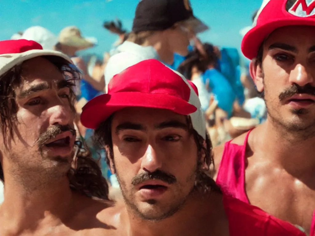 Image similar to Close up of mario in a hat in Harmony Korine Spring Breakers film aesthetic!!!