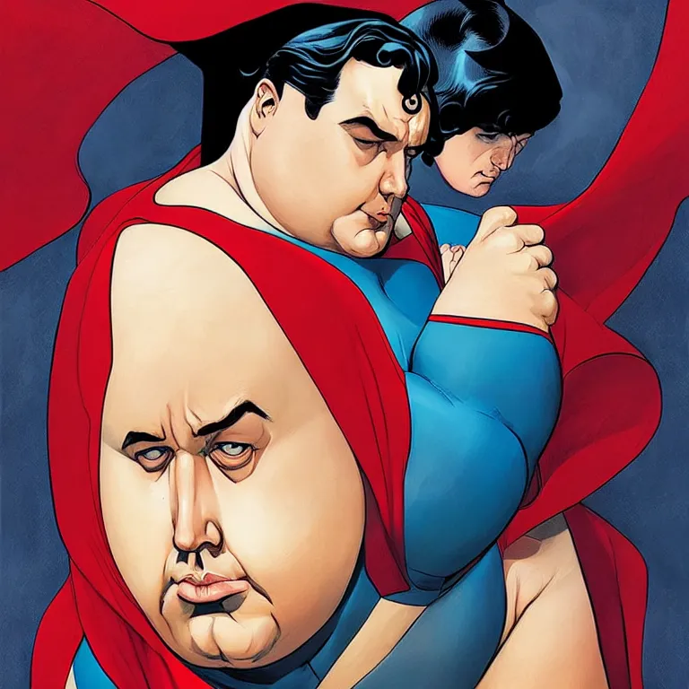 Image similar to Mordidly obese superman, style of Joshua Middleton comic book art Nick Dragotta comic art, symmetrical face, symmetrical eyes, depressed sad expression, painterly style