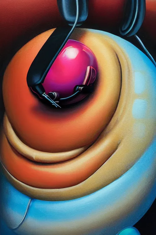 Prompt: hyperrealism surrealism acrylic painting, close - up portrait of bowling ball - with big headphones and a mime sweater, aerosol splashes on paper background, art by jeff soto