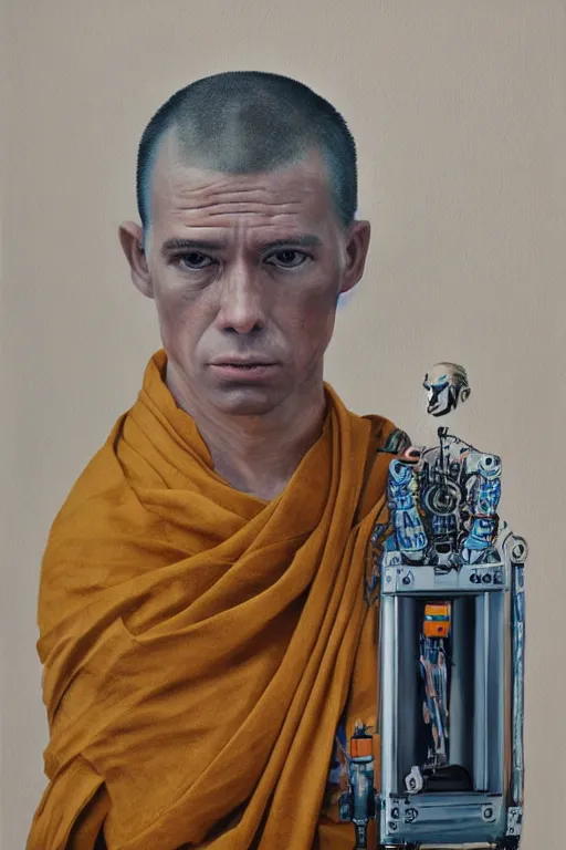 Image similar to robot monk painting a self - portrait on a canvas. intricate, highly detailed, photorealistic, film still, by christopher doyle.