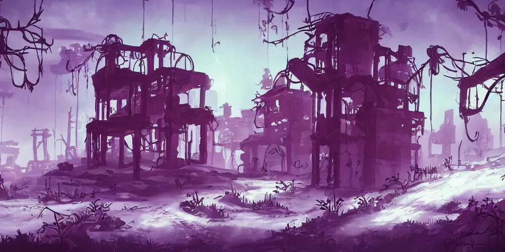 Image similar to rusty abandoned factory in the style of ori and the blind forest