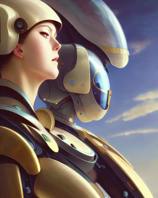 Prompt: beautiful delicate imaginative streamlined mecha anime elegant futuristic close up portrait of a pilot female sitting with magnificent piercing deadly looks, armor with gold linings by ruan jia, tom bagshaw, alphonse mucha, futuristic buildings in the background, epic sky, vray render, hyper realistic, artstation, deviantart, pinterest, 5 0 0 px models