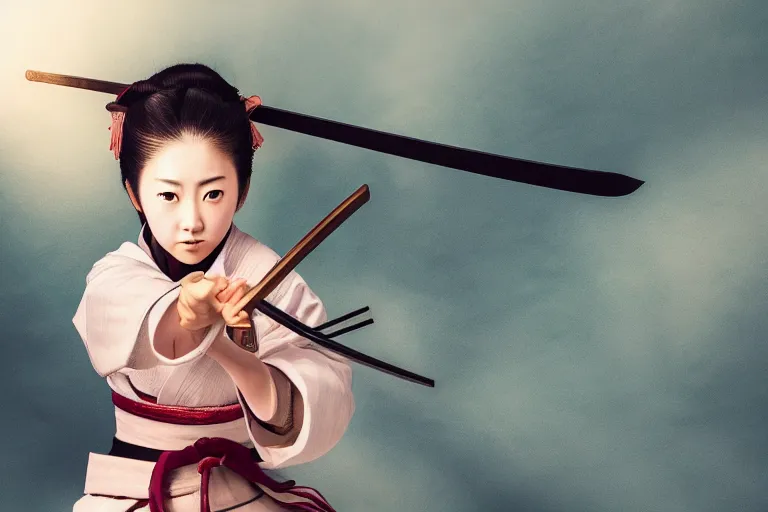 Image similar to highly detailed beautiful photo of a young female samurai, practising sword stances, symmetrical face, beautiful eyes, realistic anime art style, 8 k, award winning photo, pastels, action photography, 1 / 1 2 5 shutter speed, dramatic lighting