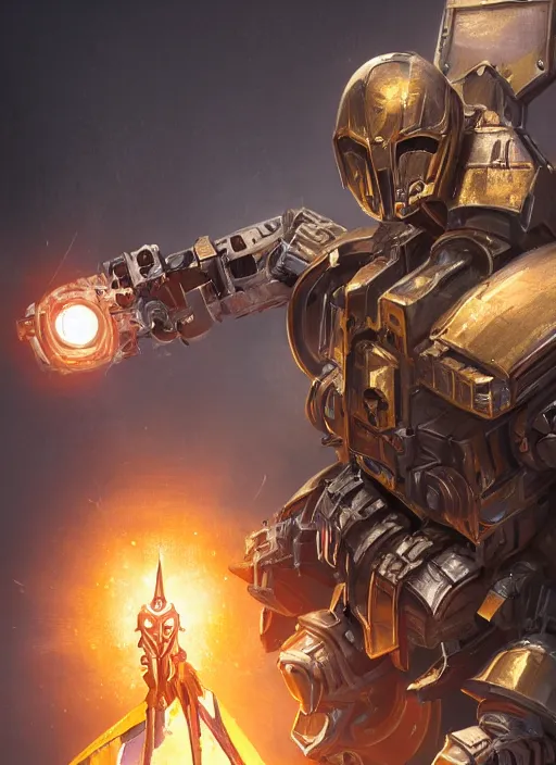 Prompt: full body, dynamic attack position abstract portrait of a intricate glorious holy mechanical warforged character in yellow armor holding a paladin engraved great longsword drawn and carrying a big paladin shield, glowing eye, face in focus, pit droid, epic , trending on ArtStation, masterpiece, cinematic lighting, by Ross Tran and by Greg Rutkowski