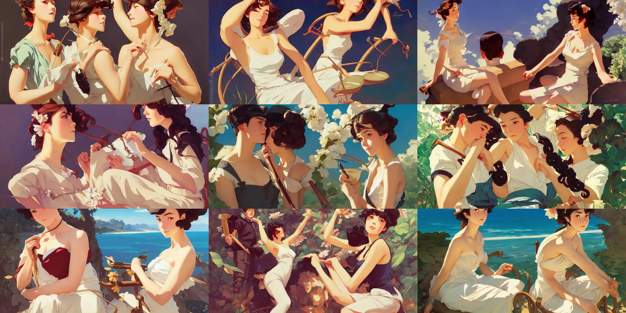 Prompt: summer, in the style of studio ghibli, j. c. leyendecker, greg rutkowski, artgerm