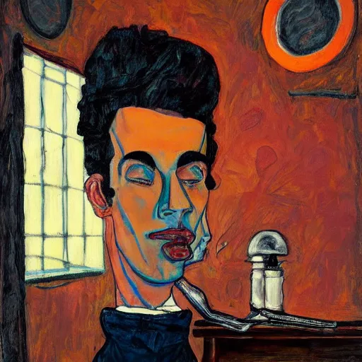 Prompt: a wide angle fine art painting of man with black hair using a weed grinder, rolling papers and a table lamp, high contrast, inspired by the styles of wes anderson, and egon schiele and ( edward hopper ), toned orange and pastel pink