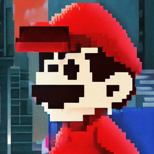 Prompt: cyberpunk version of Mario holding a mushroom