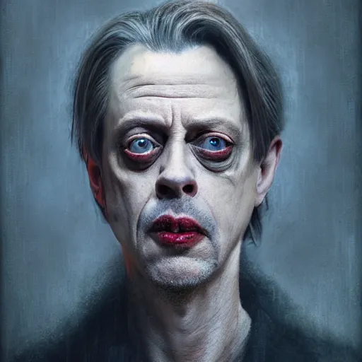 Image similar to hyperrealistic mixed media image of Steve Buscemi as a vampire, stunning 3d render inspired art by István Sándorfi and Greg Rutkowski, perfect facial symmetry, realistic, highly detailed attributes and atmosphere, dim volumetric cinematic lighting, 8k octane extremely hyper-detailed render, post-processing, masterpiece,