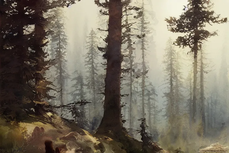 Prompt: watercolor painting of scandinavian mythology, pines, ambient lighting, art by hans gude, art by hans dahl, by jesper ejsing, art by anders zorn, wonderful masterpiece by greg rutkowski, cinematic light, american romanticism by greg manchess, creation by tyler edlin, heavy clouds and sun