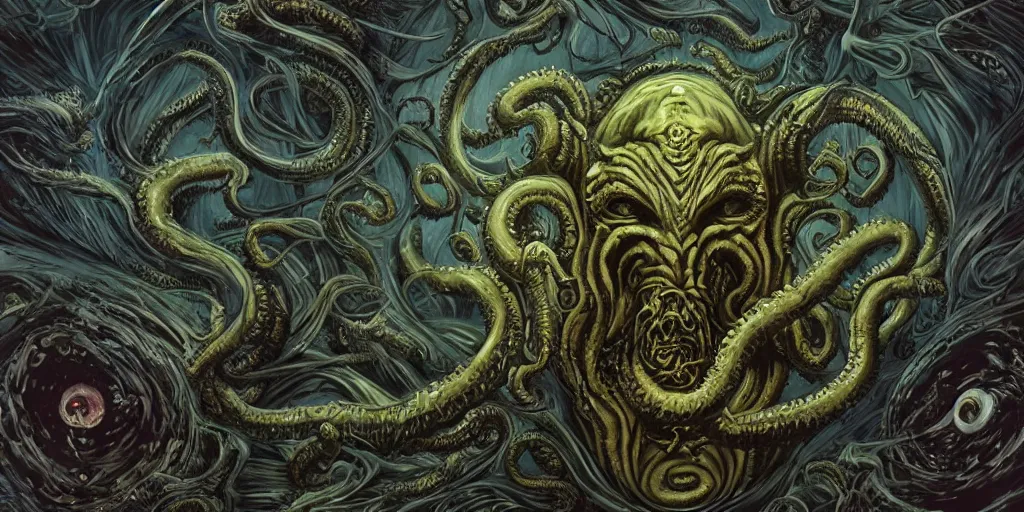 Prompt: lovecraftion god cthulhu, chaos, terror, art by paulc carrick, dave carson, john coulthart, lee brown coye, h. r giger, stephen hickman, sharp focus, smooth, clear, 8 k, hd, lighting, raytracting, dark, lovecraft, arkham, grotesque