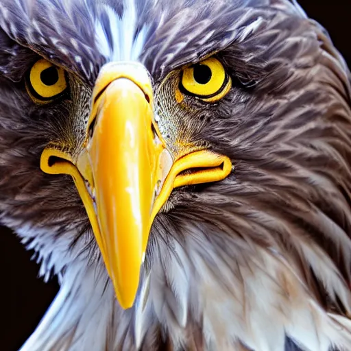 Prompt: Beautiful bald eagle with snake in his beak looking into camera, high definition portrait, studio lighting
