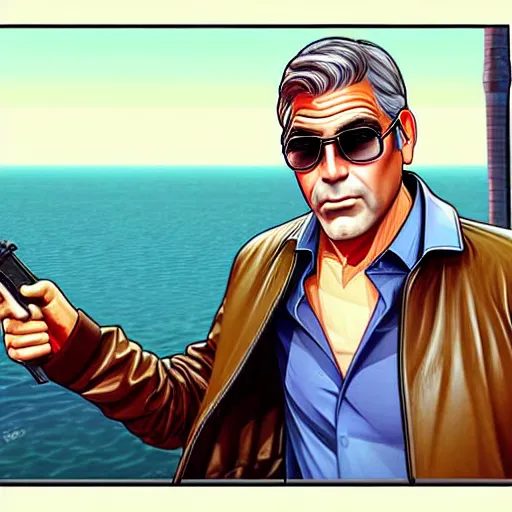 Image similar to george clooney in gta v illustrated by stephen bliss