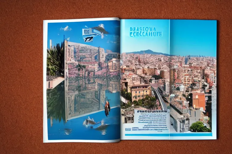 Prompt: touristic brochure to visit a catastrophic barcelona, buildings covered with high water, floating cars, catchy graphic design, photo real