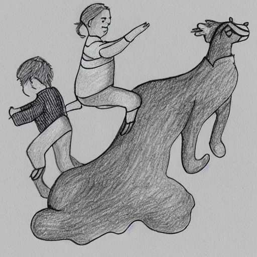 Prompt: a drawing of small people riding an gigantic cat