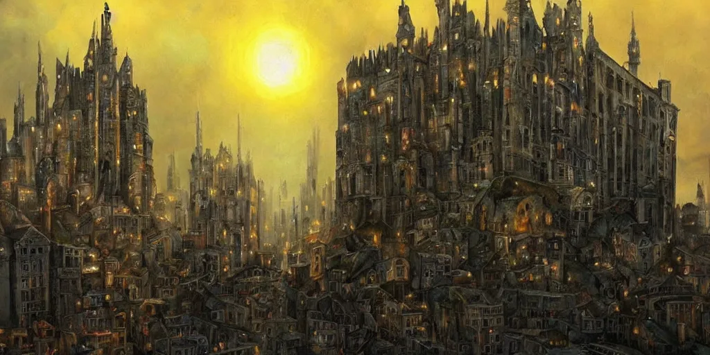 Image similar to European city where eternal night reigns and in the middle stands a giant concrete cube without any windows, painting, dark fantasy art, creepy