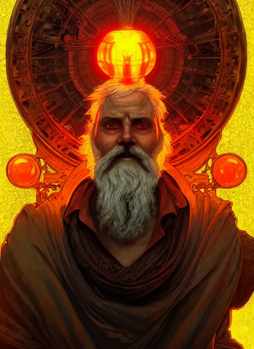 Image similar to the god hephaestus, old man, fiery hair, glowing eyes, volumetric lights, yellow and red scheme, art nouveau botanicals, gothic, intricate, highly detailed, digital painting, artstation, concept art, smooth, sharp focus, symmetric face, illustration, steampunk, art by artgerm and greg rutkowski and alphonse mucha