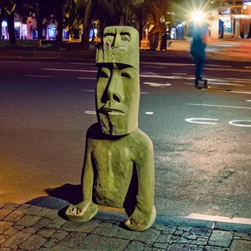 Prompt: a moai head statue skateboarding on the street, set at night