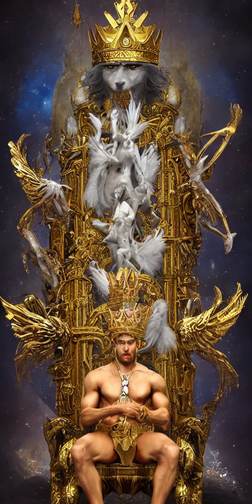 Prompt: 'https://s.mj.run/XICvAH fantasy, Young fit Atlantis king sitting on throne, a golden crown on his head, shirtless and a white falcon on his shoulders, moody lighting, octane 8k, by brian froud, Trending on ArtStation'