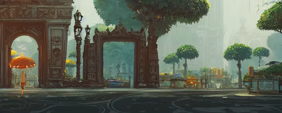 Prompt: a beautiful detailed futuristic paris, matte painting of ancient ornamental gate in the middle of tropical jungle cinematic landscape by studio ghibli, by greg tocchini, by james gilleard, by joe gb fenton, by kaethe butcher, dynamic lighting, vibrant, clean, grunge aesthetic, octane render, artstation