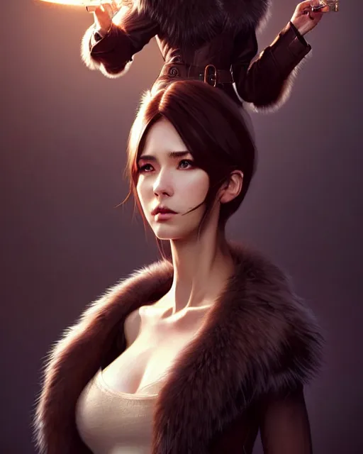 Image similar to dragon hunter wearing a fur - lined dragonhide jacket!!! beautiful and elegant female!! symmetry, character concept art, sharp focus, illustration, artgerm!! greg rutkowski! wlop!! ilya kuvshinov!! charlie bowater! octane render! unreal engine 5! highly rendered!! trending on artstation!!!