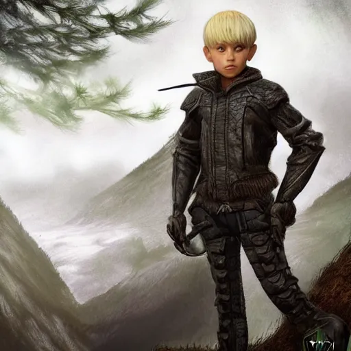 Image similar to blonde boy fantasy thief, high detail face, realistic, ultra detailed, menacing, powerful, dark, shallow focus, forest, mountains in the background concept art design as if designed by Wētā Workshop