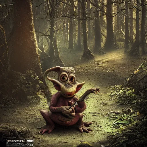 Prompt: a sneaky suspicious dribbling goblin, in the style of boris valejo, dramatic lighting, forest, hyperrealistic, detailed, octane render