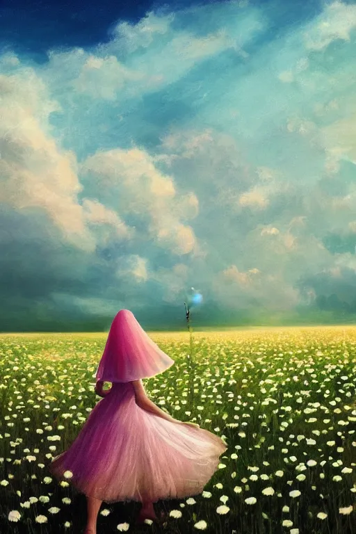 Image similar to giant white daisy flower head, girl with veil walking in a flower field, surreal photography, sunrise, dramatic light, impressionist painting, colorful clouds, digital painting, artstation, simon stalenhag