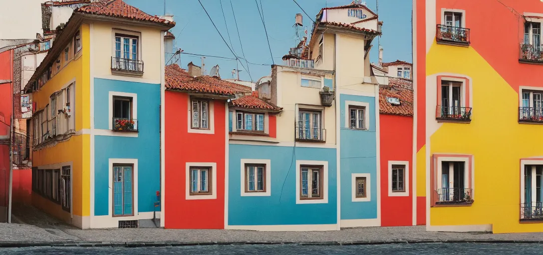 Image similar to house in porto with multicolored tiles. photographed by wes anderson on fujinon premista 1 9 - 4 5 mm t 2. 9. portra 8 0 0.