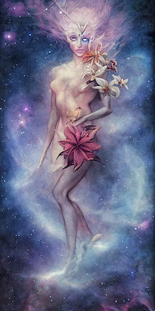 Prompt: tropical flowers, night sky background, nebula, beautiful! coherent! by brom, by brian froud, deep color, strong line, high contrast