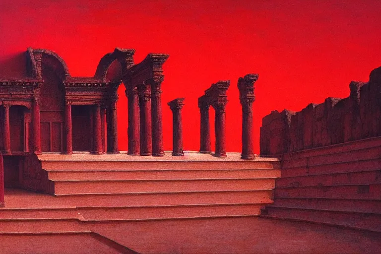 Image similar to only with red, a red melted emperor, taormina amphitheatre, crowd hails him, in the style of beksinski, parts by edward hopper, parts by rodcenko, parts by yue minjun, intricate and epic composition, red by caravaggio, insanely quality, highly detailed, masterpiece, red light, artstation, 4 k