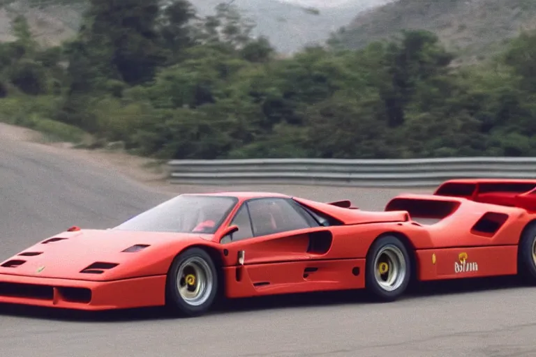 Prompt: vintage archival race footage of a single 1995 Ferrari F40, with elements of the De Tomaso Pantera, Lotus, GT40, BMW M1, and Countach, movie still, speed, cinematic Panavision 5384 film