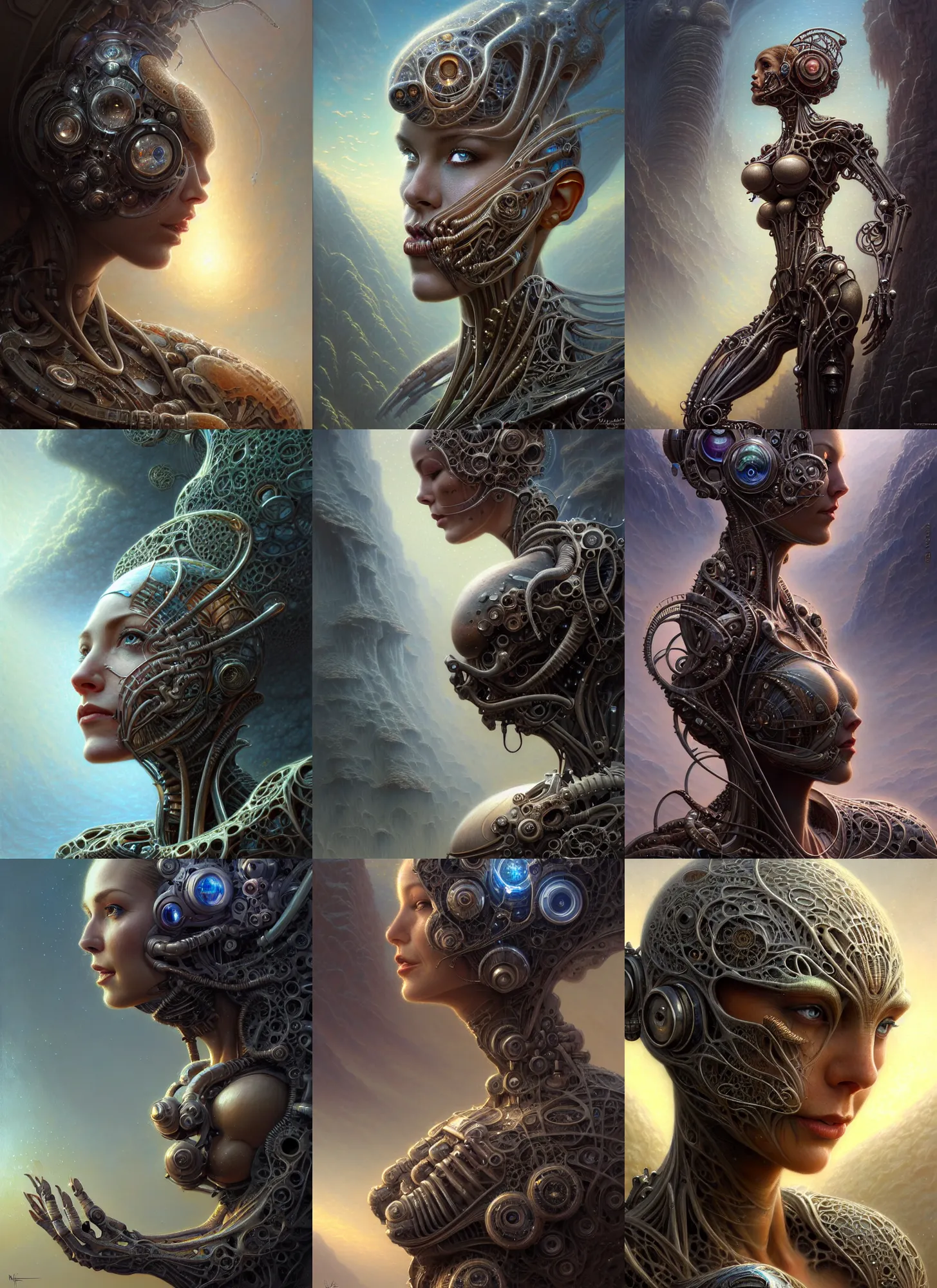 Prompt: closeup portrait shot of a female biomechanic woman in a scenic scifi environment, intricate, elegant, highly detailed, centered, digital painting, artstation, concept art, smooth, sharp focus, rusty body, illustration, thomas kinkade, tomasz alen kopera, peter mohrbacher, donato giancola, leyendecker, boris vallejo