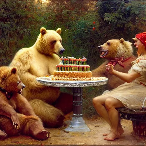 Prompt: a bear eating cake at his 7 0's birthday at a zoo, highly detailed painting by gaston bussiere, craig mullins, j. c. leyendecker